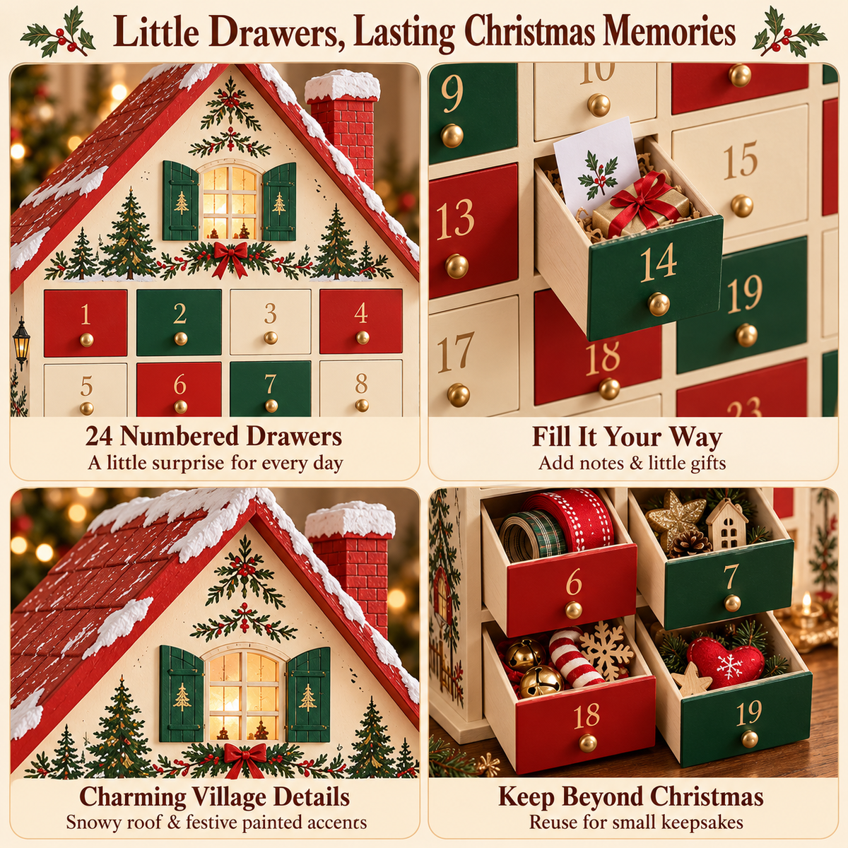 Christmas Village Advent House with 24 Numbered Drawers