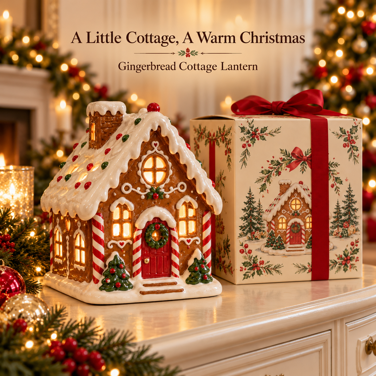 Gingerbread Cottage Lantern – Lighted Christmas Tabletop Decoration