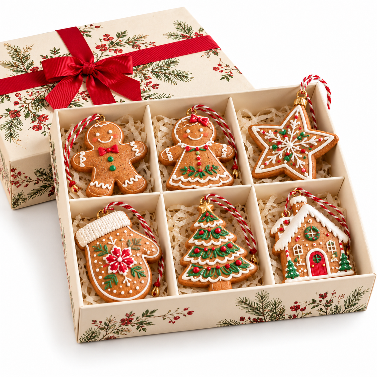 Iced Gingerbread Ornament Set – 6-Piece Christmas Tree Decorations