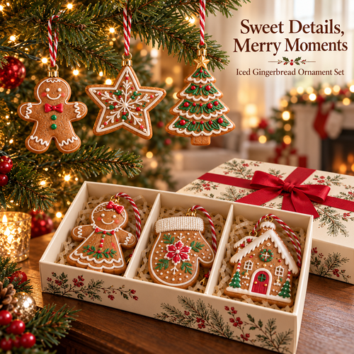 Iced Gingerbread Ornament Set – 6-Piece Christmas Tree Decorations
