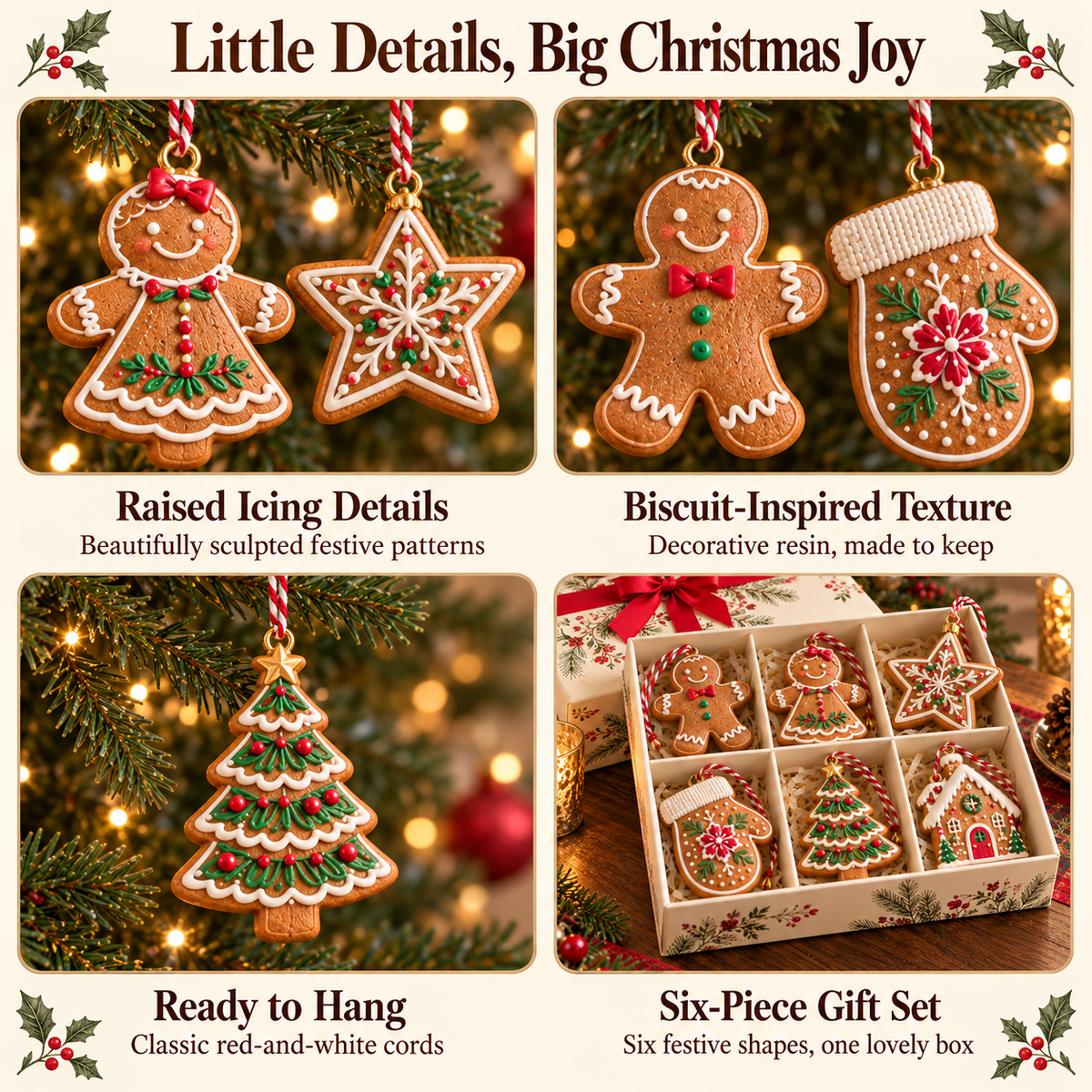 Iced Gingerbread Ornament Set – 6-Piece Christmas Tree Decorations