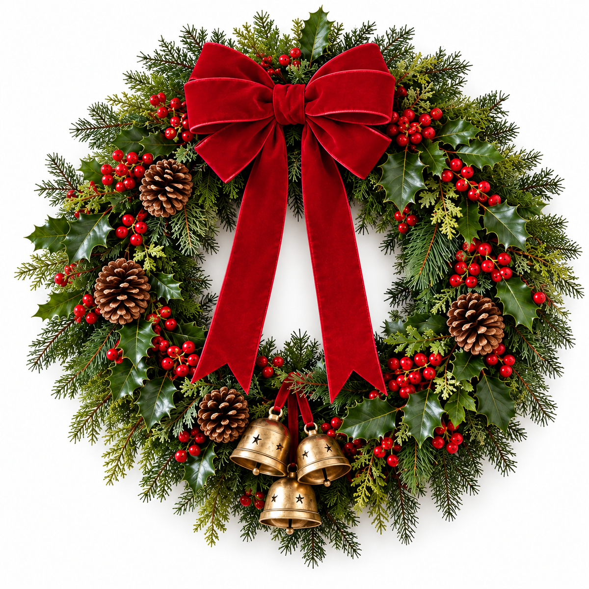 Evergreen Christmas Wreath with Velvet-Style Red Bow & Gold Bells – 24 Inch