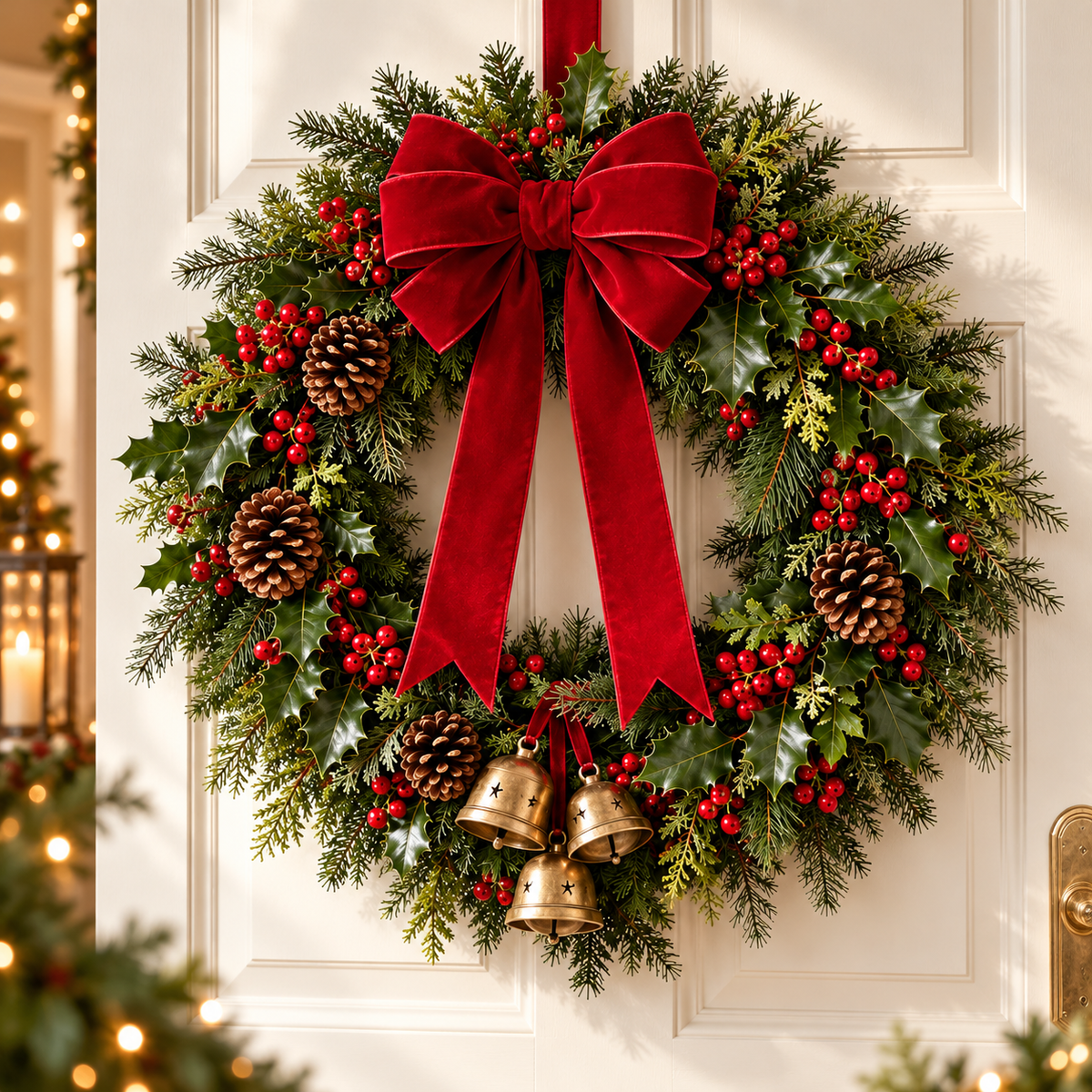 Evergreen Christmas Wreath with Velvet-Style Red Bow & Gold Bells – 24 Inch