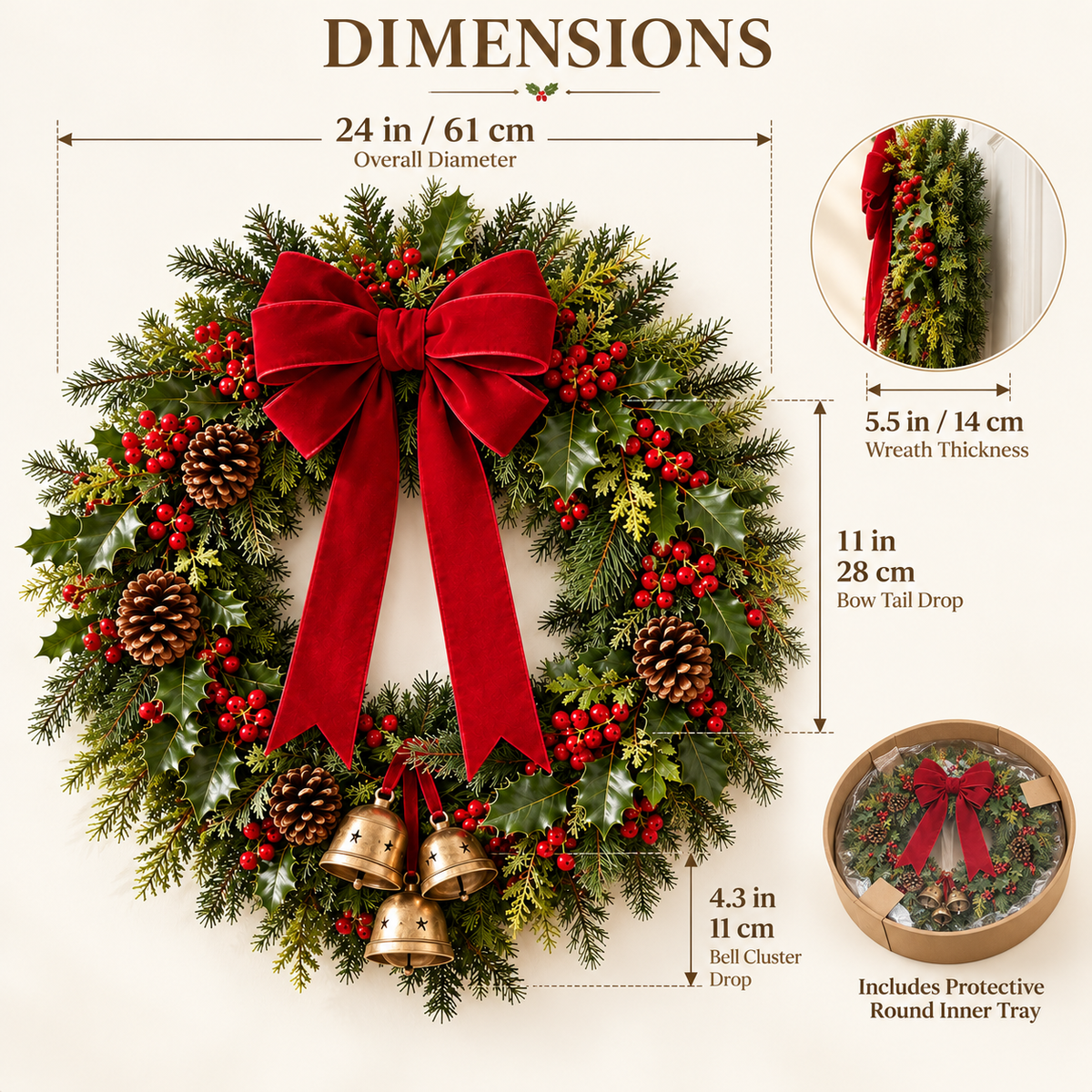 Evergreen Christmas Wreath with Velvet-Style Red Bow & Gold Bells – 24 Inch