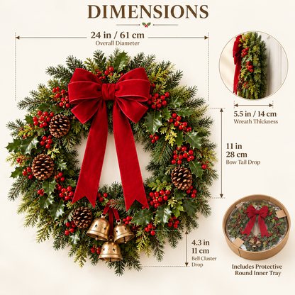 Evergreen Christmas Wreath with Velvet-Style Red Bow & Gold Bells – 24 Inch