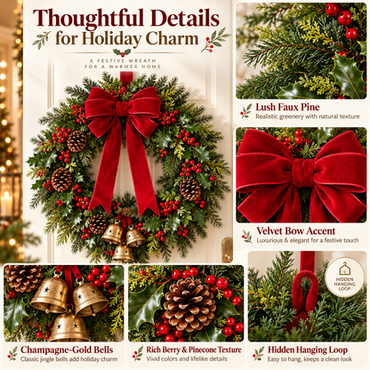 Evergreen Christmas Wreath with Velvet-Style Red Bow & Gold Bells – 24 Inch