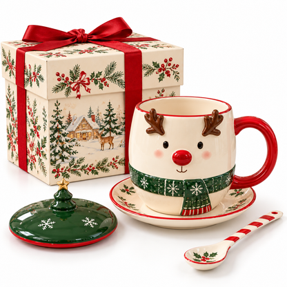 Reindeer Cocoa Mug Set with Christmas Lid, Saucer & Spoon