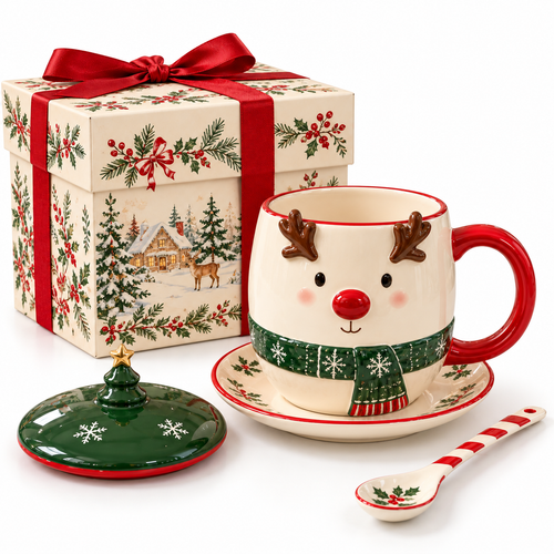 Reindeer Cocoa Mug Set with Christmas Lid, Saucer & Spoon