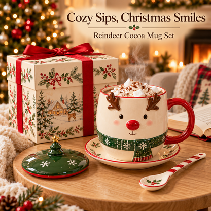 Reindeer Cocoa Mug Set with Christmas Lid, Saucer & Spoon