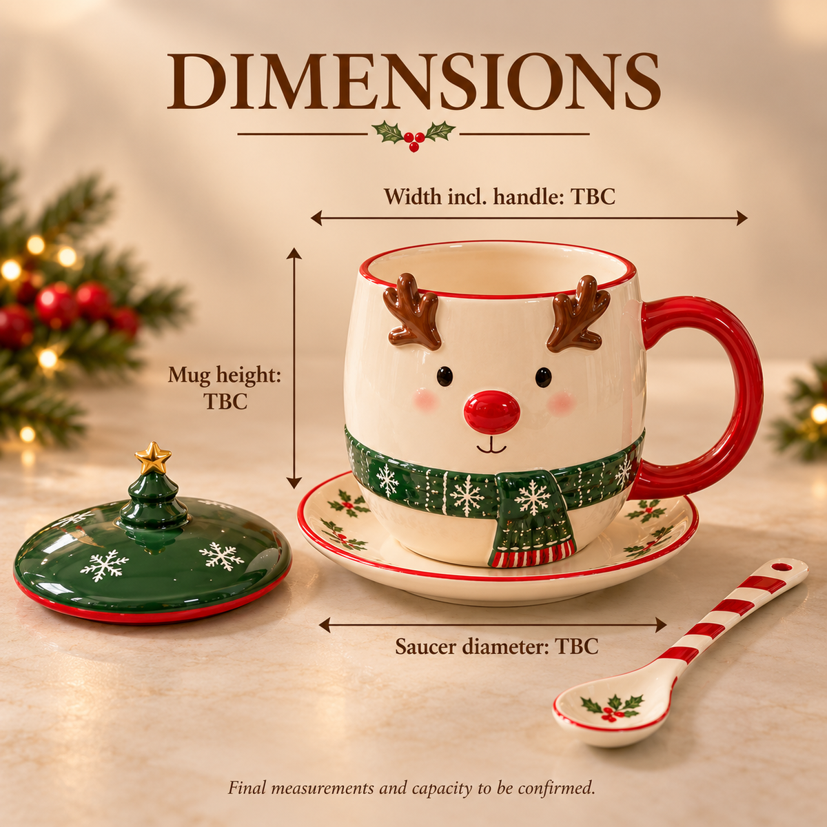 Reindeer Cocoa Mug Set with Christmas Lid, Saucer & Spoon