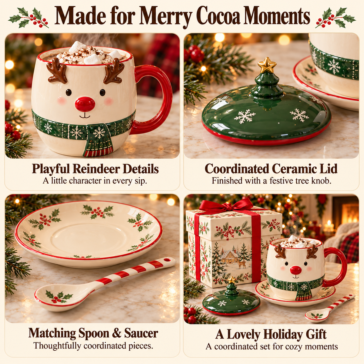 Reindeer Cocoa Mug Set with Christmas Lid, Saucer & Spoon