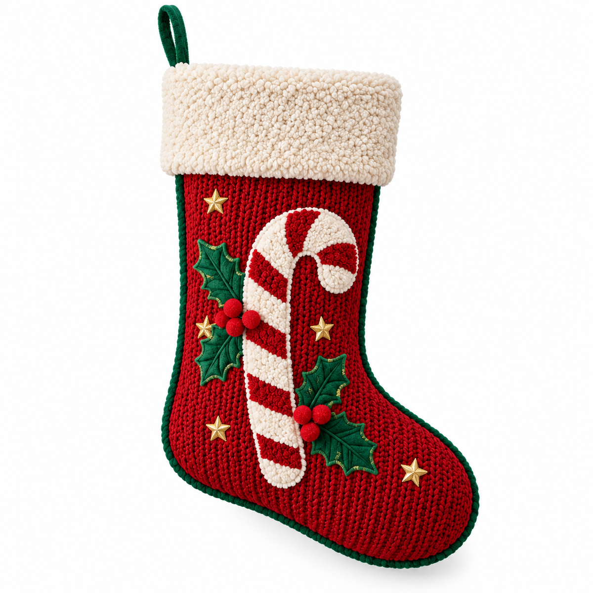 Candy Cane Christmas Stocking with Plush Cream Cuff