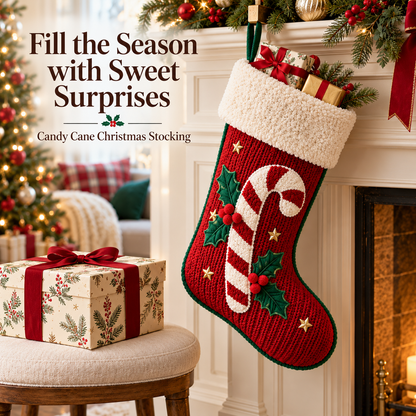 Candy Cane Christmas Stocking with Plush Cream Cuff