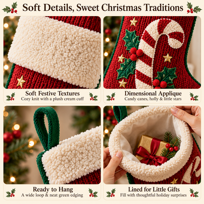 Candy Cane Christmas Stocking with Plush Cream Cuff