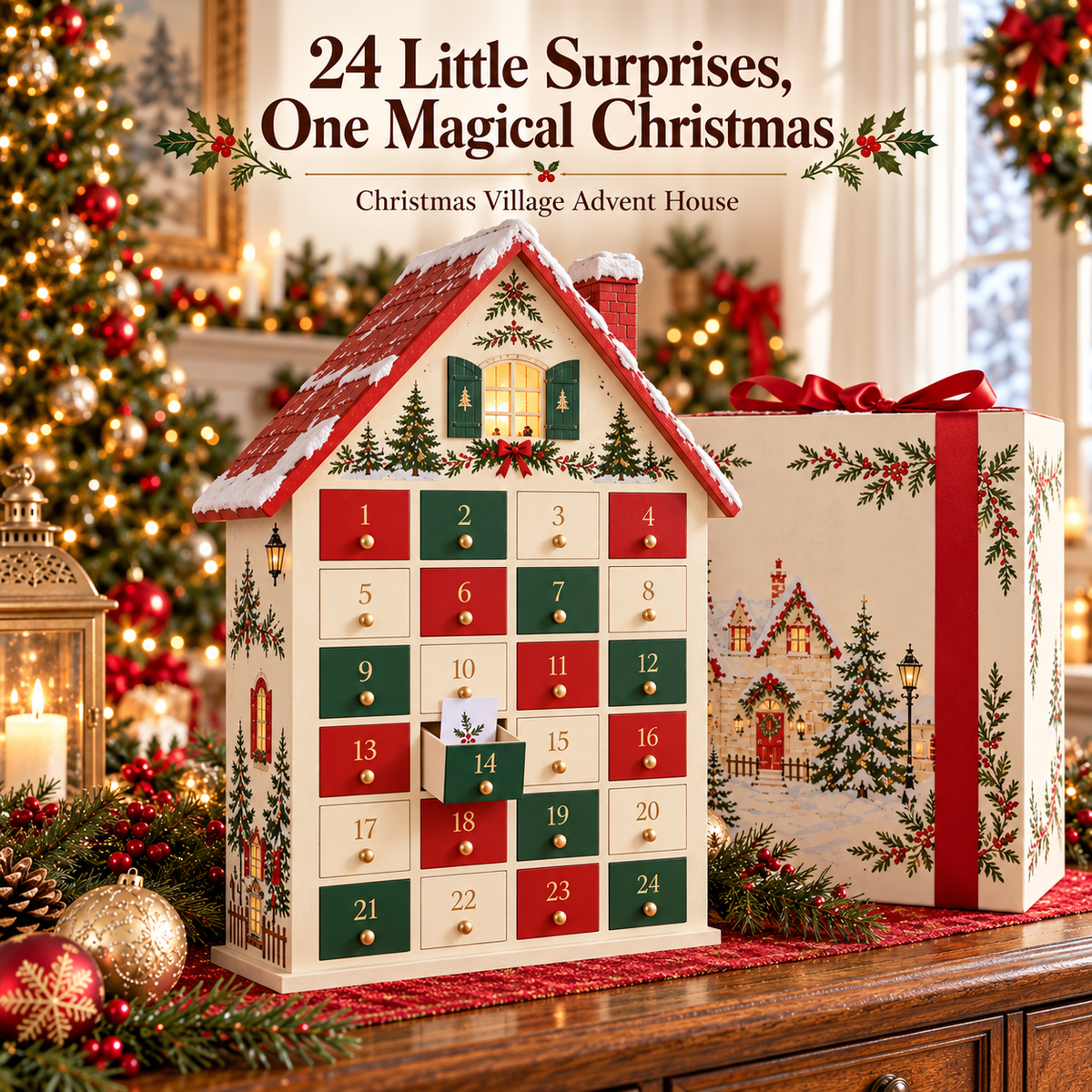 Christmas Village Advent House with 24 Numbered Drawers